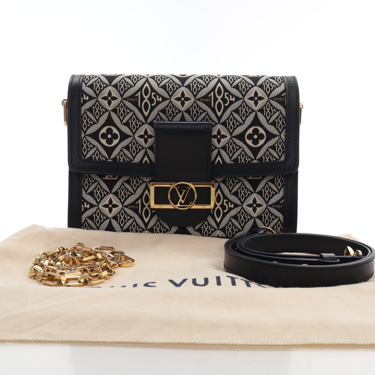 Pre-Owned Louis Vuitton Dauphine MM Monogram Jacquard, shown with dust bag and packaging