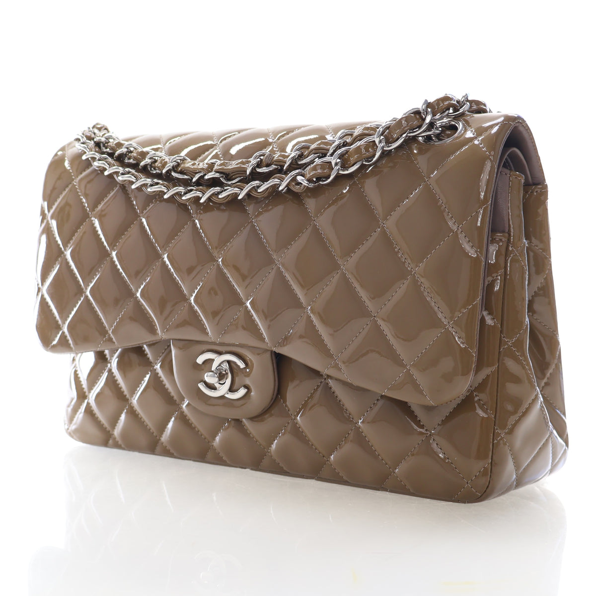 Pre-Owned Chanel Classic Double Flap Jumbo Patent Leather Bag, three-quarter view, photo 3 of 16