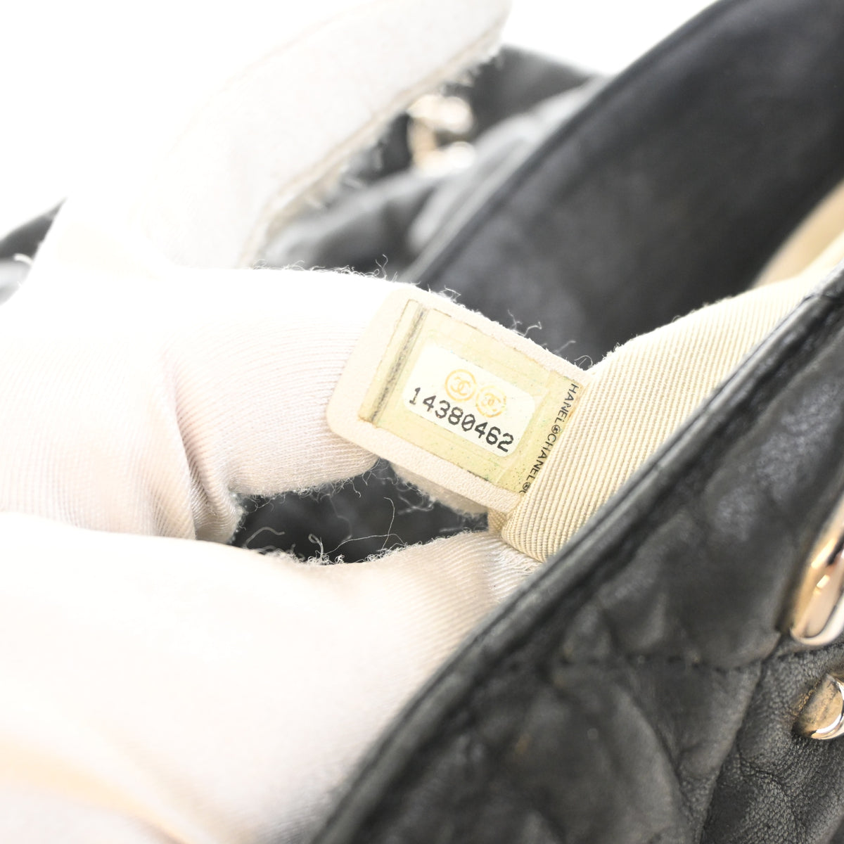 Pre-Owned Chanel Hobo Chain Lambskin Around Bag, interior label and date code