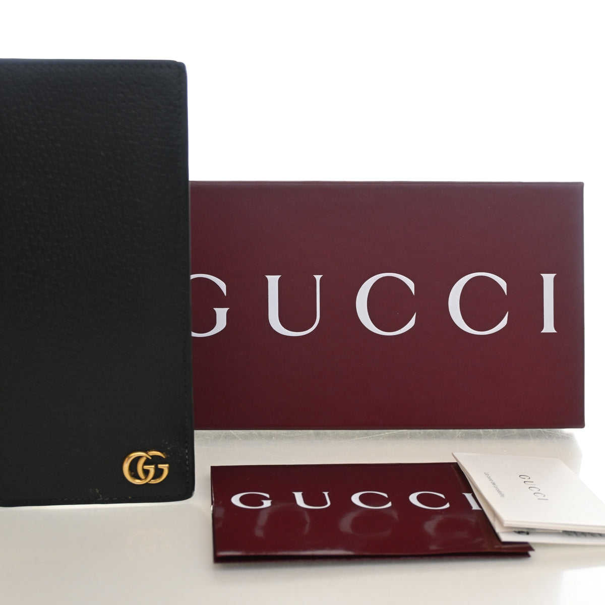 Pre-Owned Gucci Marmont Calfskin Long Wallet, shown with dust bag and packaging
