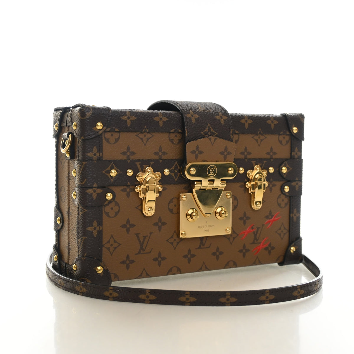 Pre-Owned Louis Vuitton Reverse Monogram Petite Malle, three-quarter view, authenticated at Luxe Du Jour