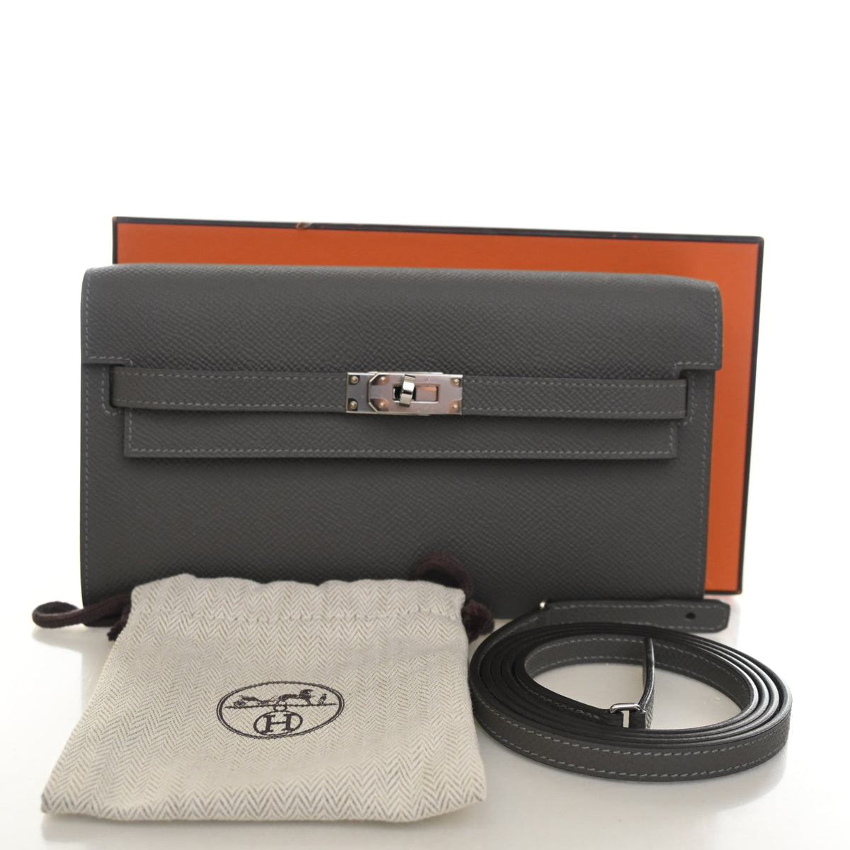 Pre-Owned Hermès Kelly To Go Gris Meyer Epsom Leather Wallet, shown with dust bag and packaging