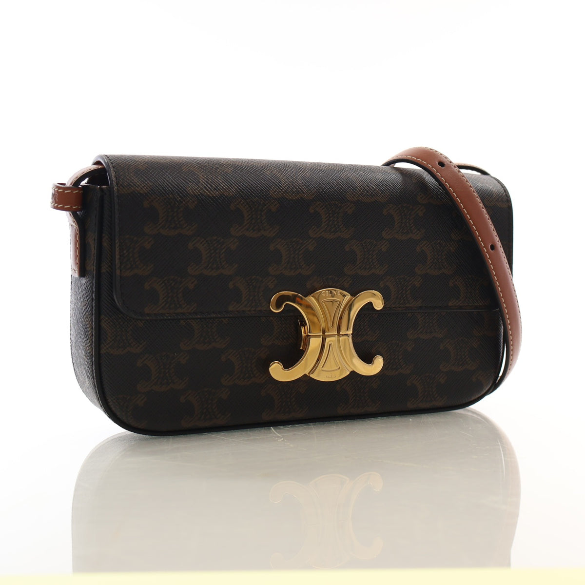 Pre-Owned Celine Shoulder Bag Triomphe Canvas Claude, three-quarter view, authenticated at Luxe Du Jour
