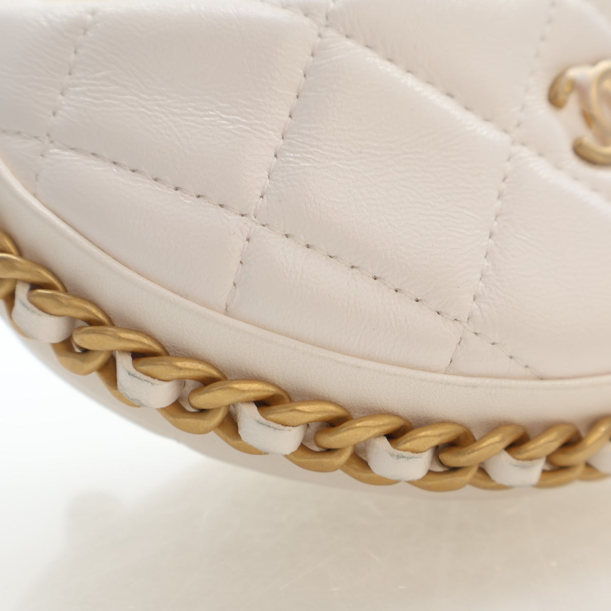 Pre-Owned Chanel Hobo Mini Lambskin Chain Around Pouch Bag, gold hardware close-up