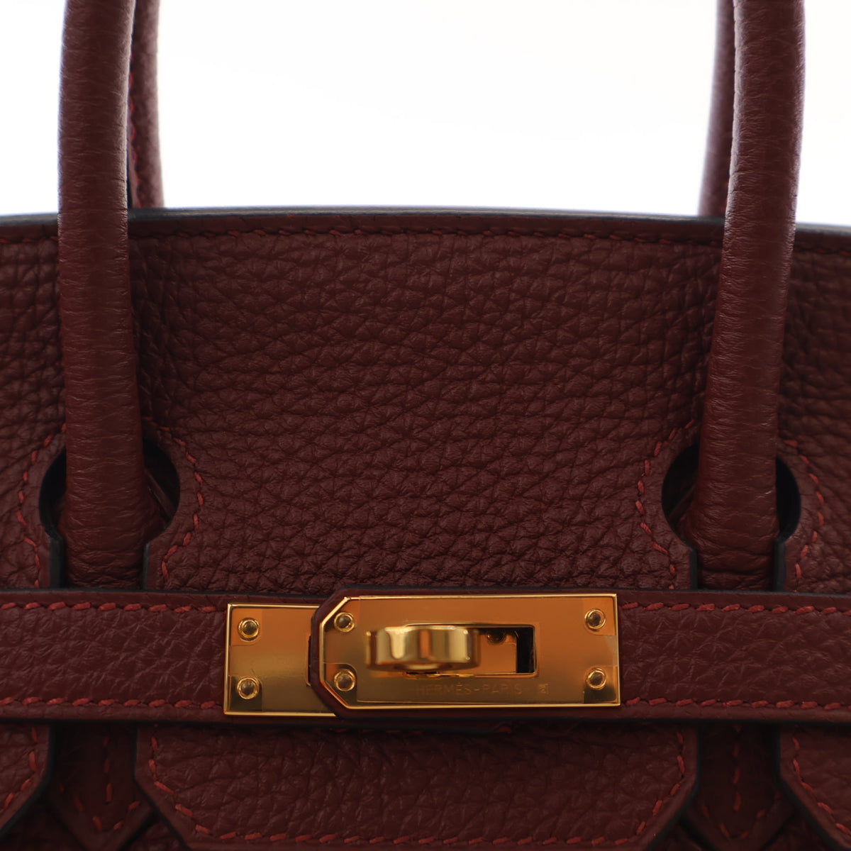 Pre-Owned Hermès Birkin 25 Bordeaux Togo Leather, gold hardware close-up
