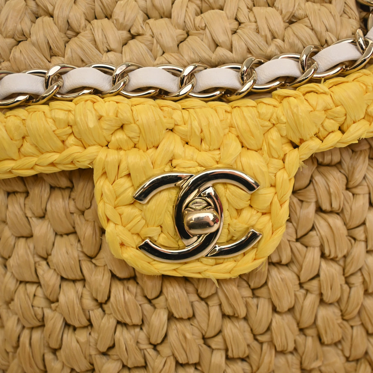 Pre-Owned Chanel Raffia Venice Beach Basket Bag, gold hardware close-up