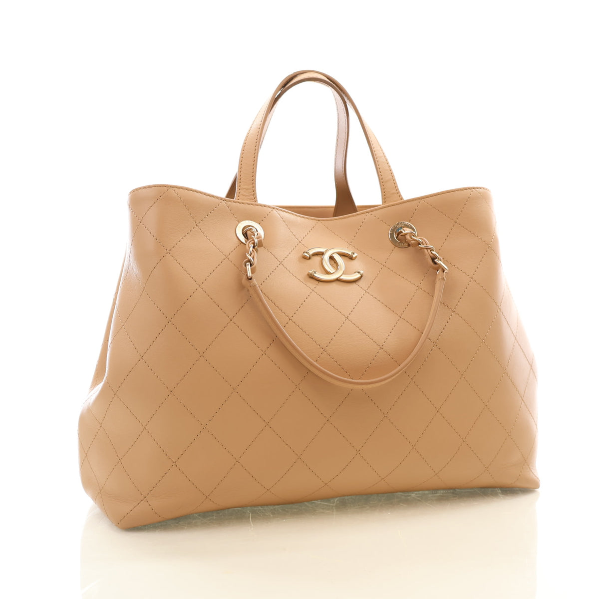 Pre-Owned Chanel Shopping Tote Large Calfskin Serial, three-quarter view, authenticated at Luxe Du Jour