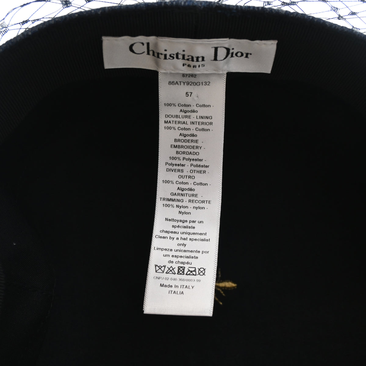 Pre-Owned Christian Dior Cap Sz 57 Denim Arty Beret With Veil, interior label and date code