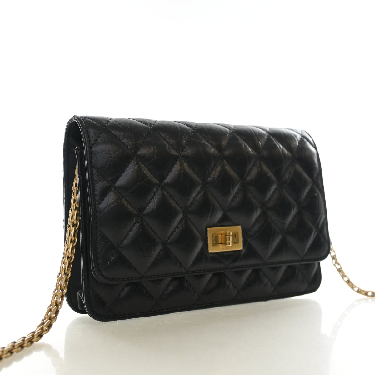 Pre-Owned Chanel Wallet On Chain Aged Calfskin Reissue 2.55 WOC, three-quarter view, authenticated at Luxe Du Jour
