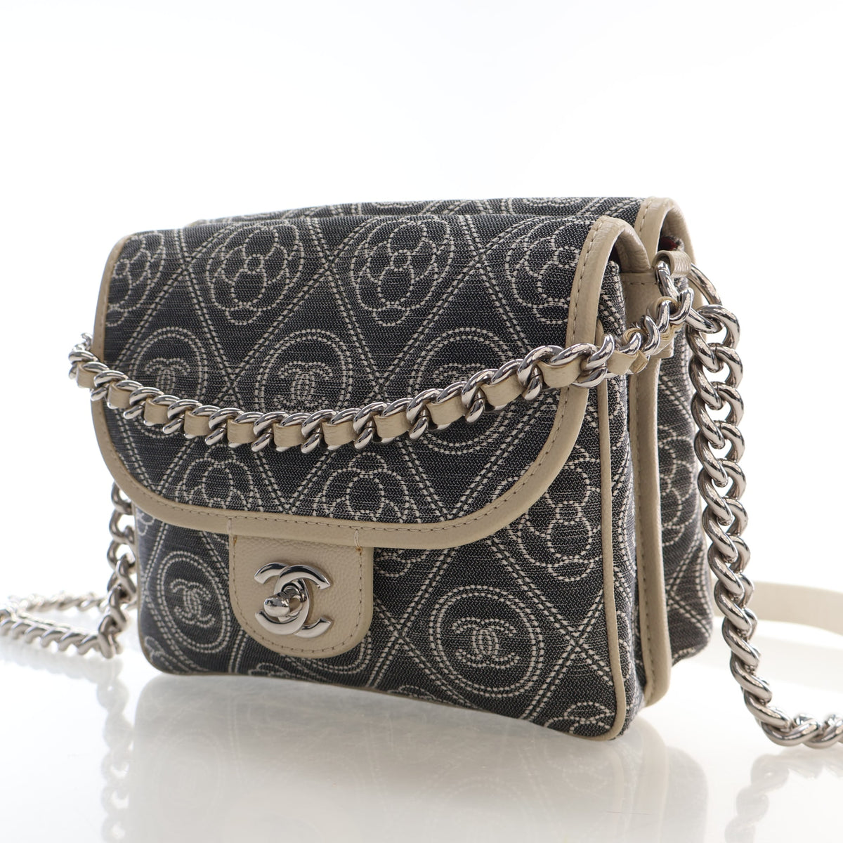 Pre-Owned Chanel Flap Bag Camellia Printed Canvas Double Side, three-quarter view