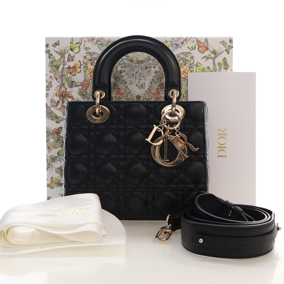 Pre-Owned Christian Dior Lady Dior Small Lambskin My Abcdior, shown with dust bag and packaging