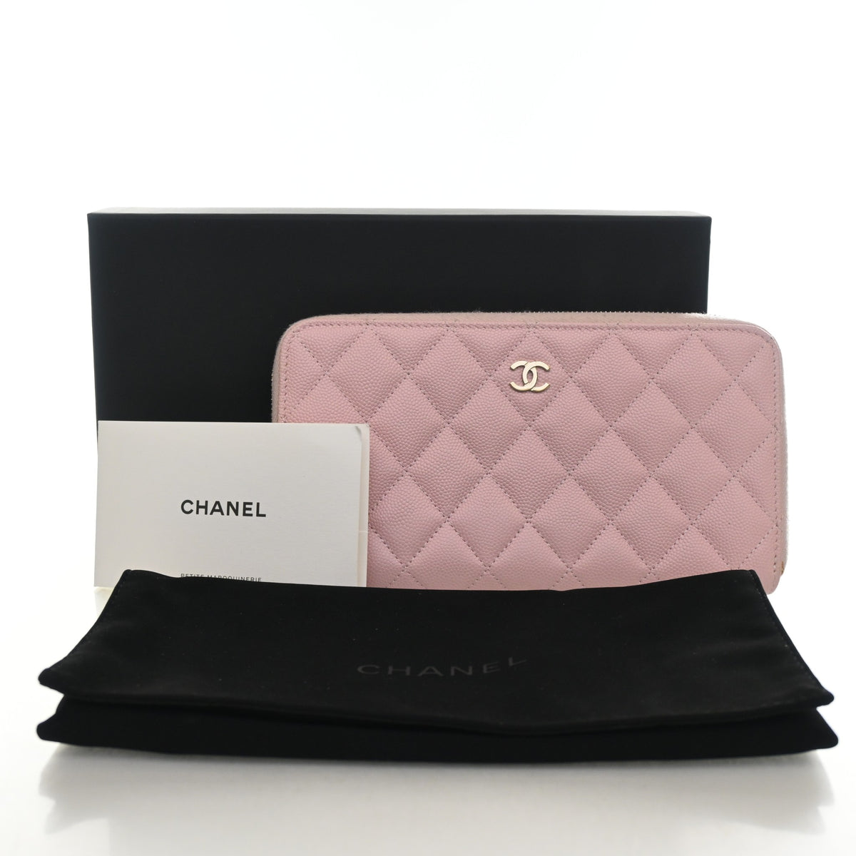 Pre-Owned Chanel Wallet Caviar Leather Long Zippy, shown with dust bag and packaging