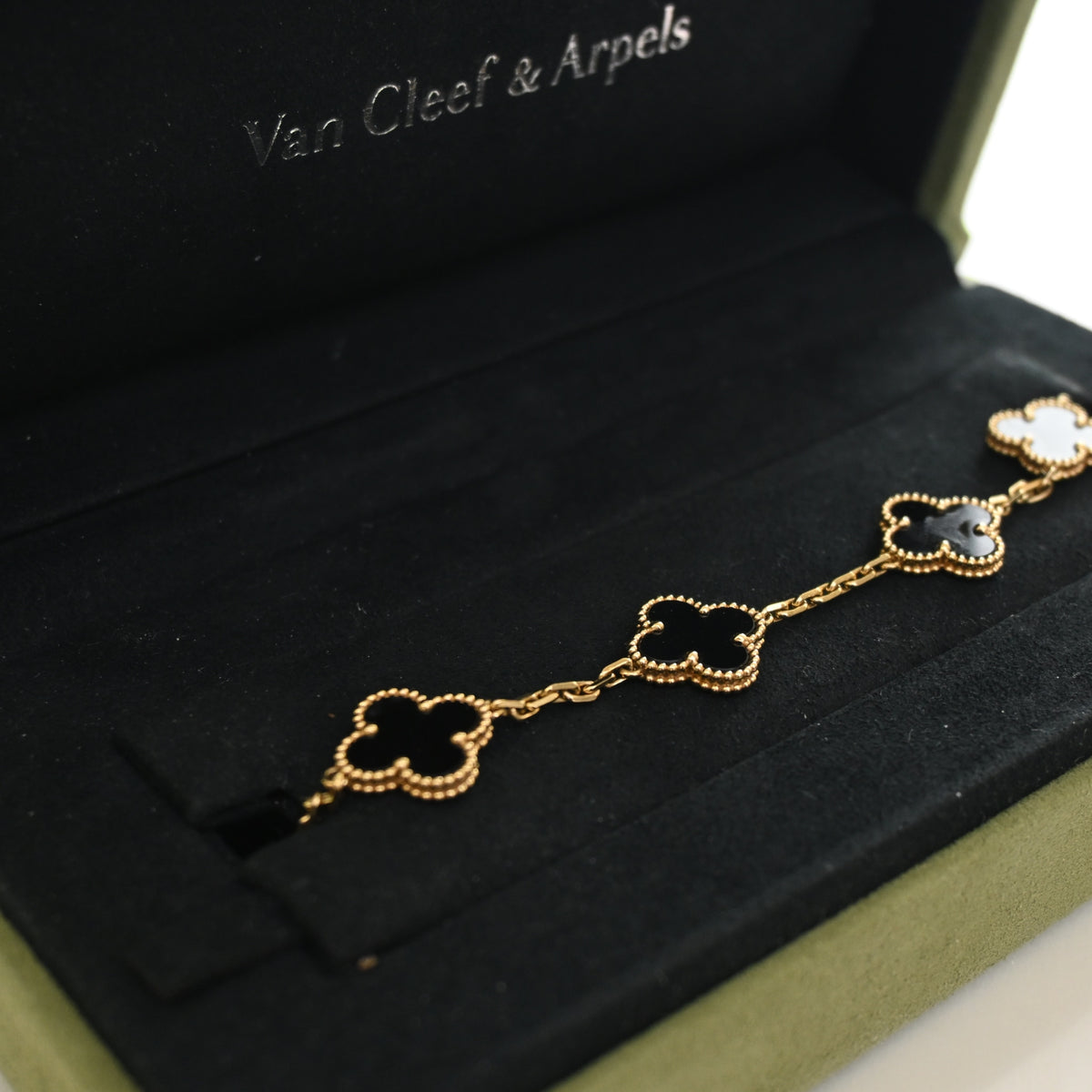 Vintage Van Cleef & Arpels Alhambra Onyx 5 Motif Bracelet, with dust bag