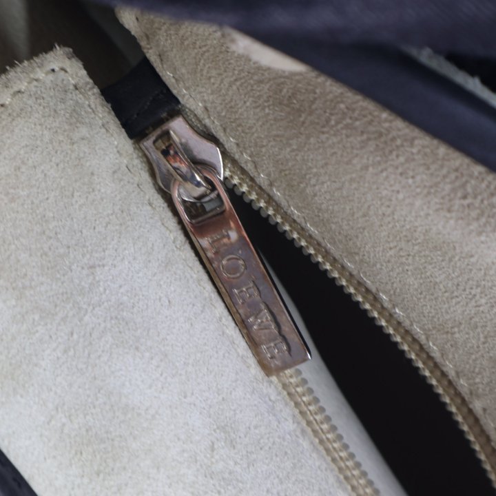 Pre-Owned Loewe Anagram Mini Suede Leather Tote, silver hardware close-up
