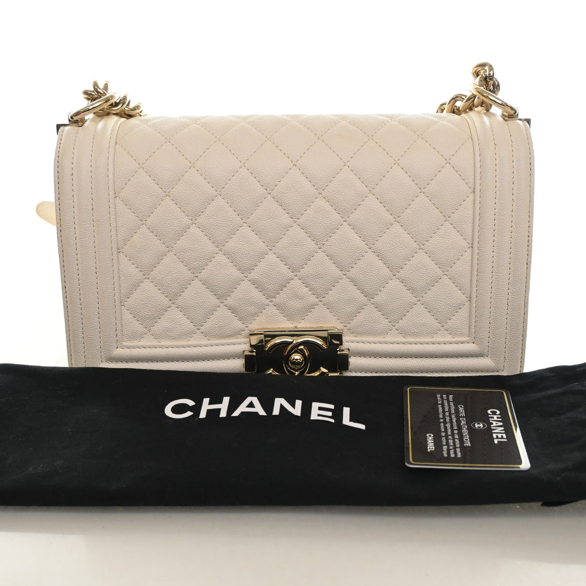 Pre-Owned Chanel Boy Bag Medium Caviar Leather, shown with dust bag and packaging, photo 18 of 18