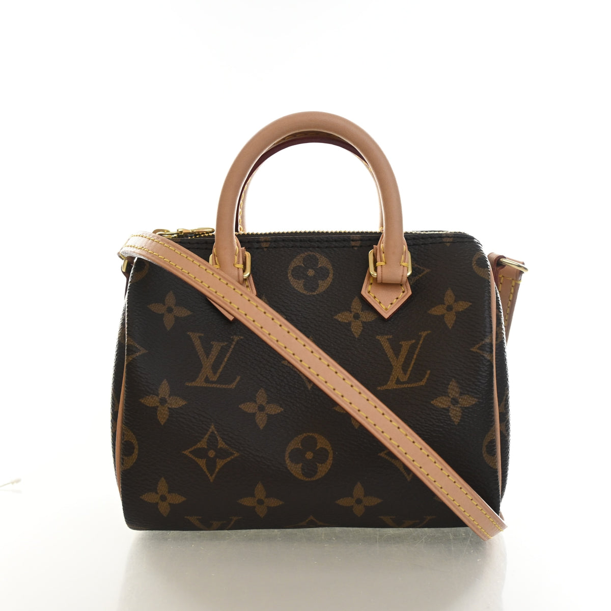 Pre-Owned Louis Vuitton Nano Speedy Monogram Bandouliere, front view, authenticated at Luxe Du Jour