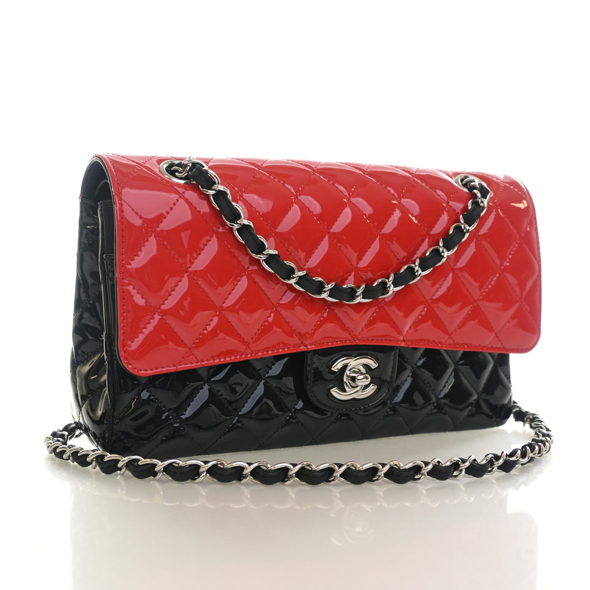 Pre-Owned Chanel Classic Double Flap Medium Patent Leather Bag, three-quarter view