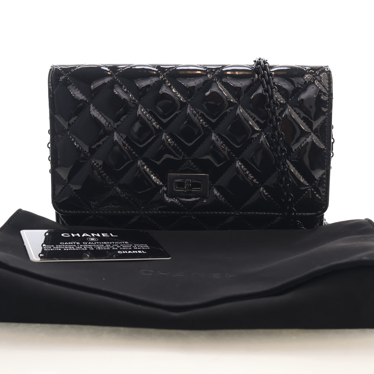 Pre-Owned Chanel Wallet On Chain Patent Leather Reissue 2.55 WOC, shown with dust bag and packaging