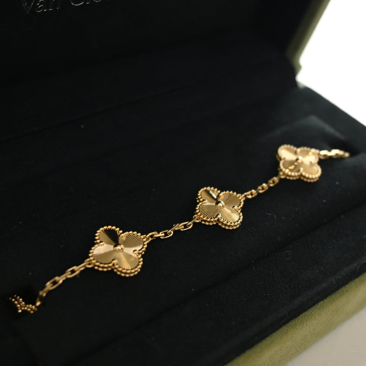 Van Cleef & Arpels 18K Yellow Gold Guilloche 5 Motif Vintage Alhambra Bracelet