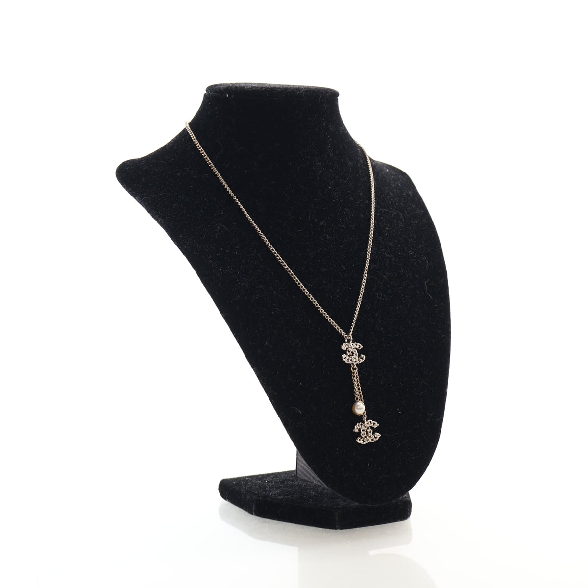 Vintage Chanel Necklace Pearl Chain CC Drop, worn on model, authenticated at Luxe Du Jour