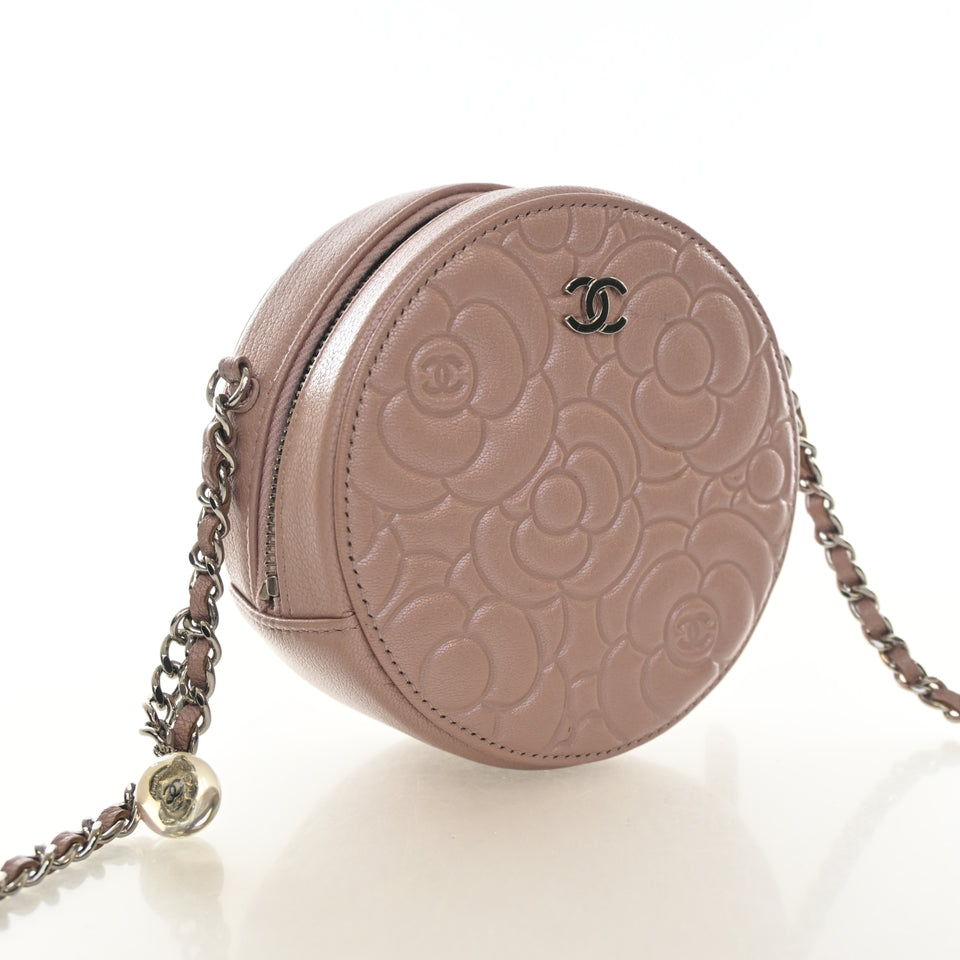 Chanel Goatskin Camellia Round Clutch On Chain