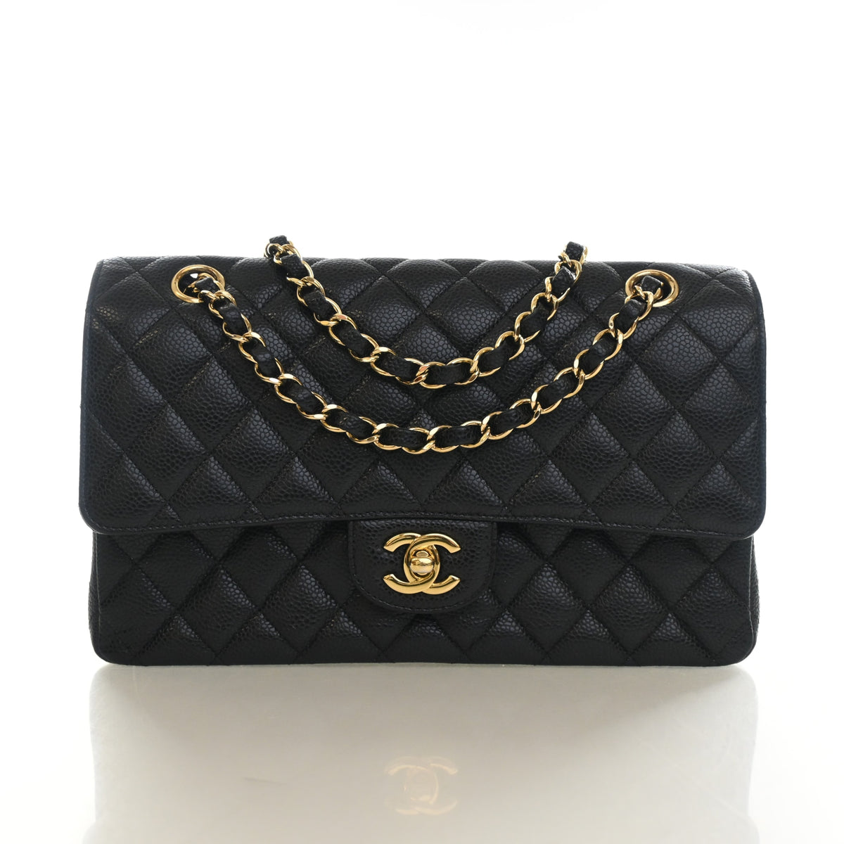 Pre-Owned Chanel Classic Double Flap Medium Caviar Leather Bag, front view, authenticated at Luxe Du Jour