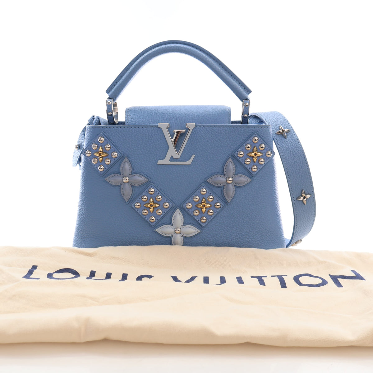 Pre-Owned Louis Vuitton Studded Taurillon Capucines BB, shown with dust bag and packaging