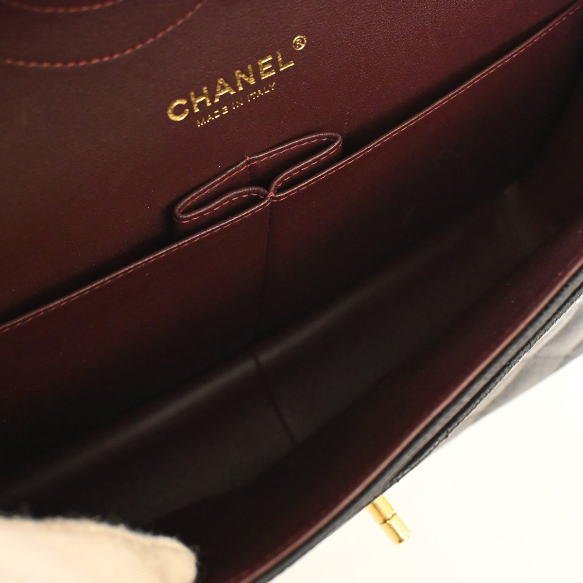Pre-Owned Chanel Classic Double Flap Jumbo Caviar Leather Bag, open interior with lining, photo 12 of 15