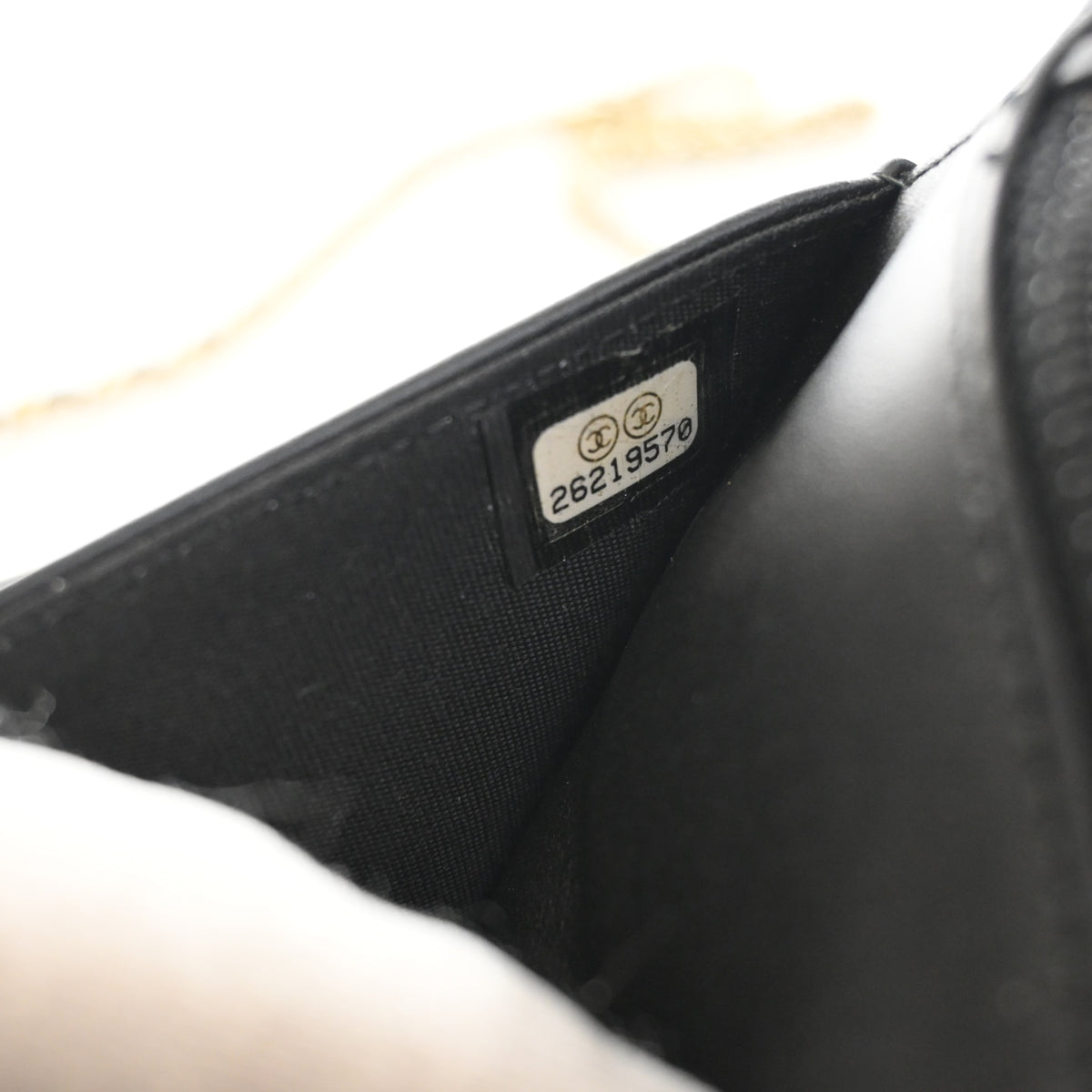 Pre-Owned Chanel Wallet On Chain Lambskin Boy WOC, interior label and date code