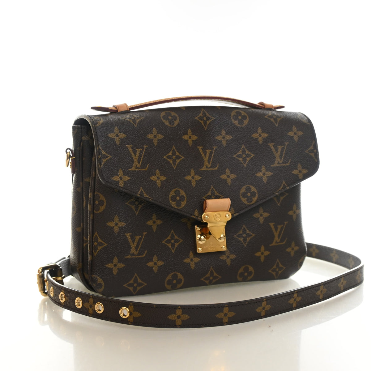 Pre-Owned Louis Vuitton Pochette Metis Monogram, three-quarter view, authenticated at Luxe Du Jour