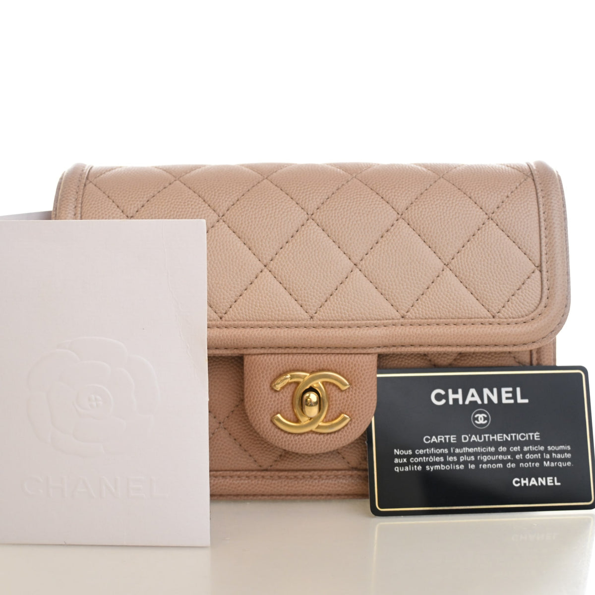 Pre-Owned Chanel Caviar Leather Sunset On The Sea Waist Bag, shown with dust bag and packaging