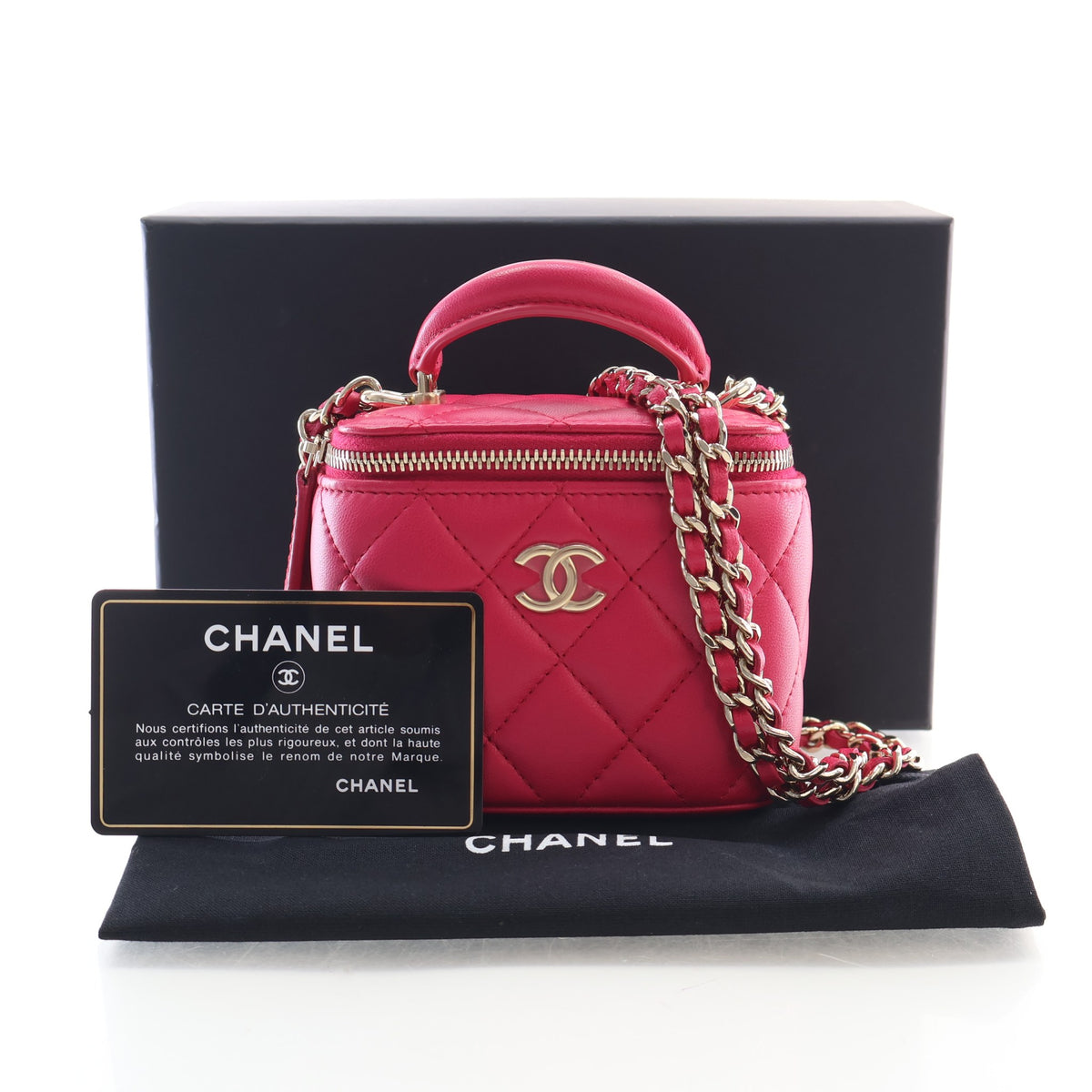 Pre-Owned Chanel Vanity Mini Lambskin Bag, shown with dust bag and packaging