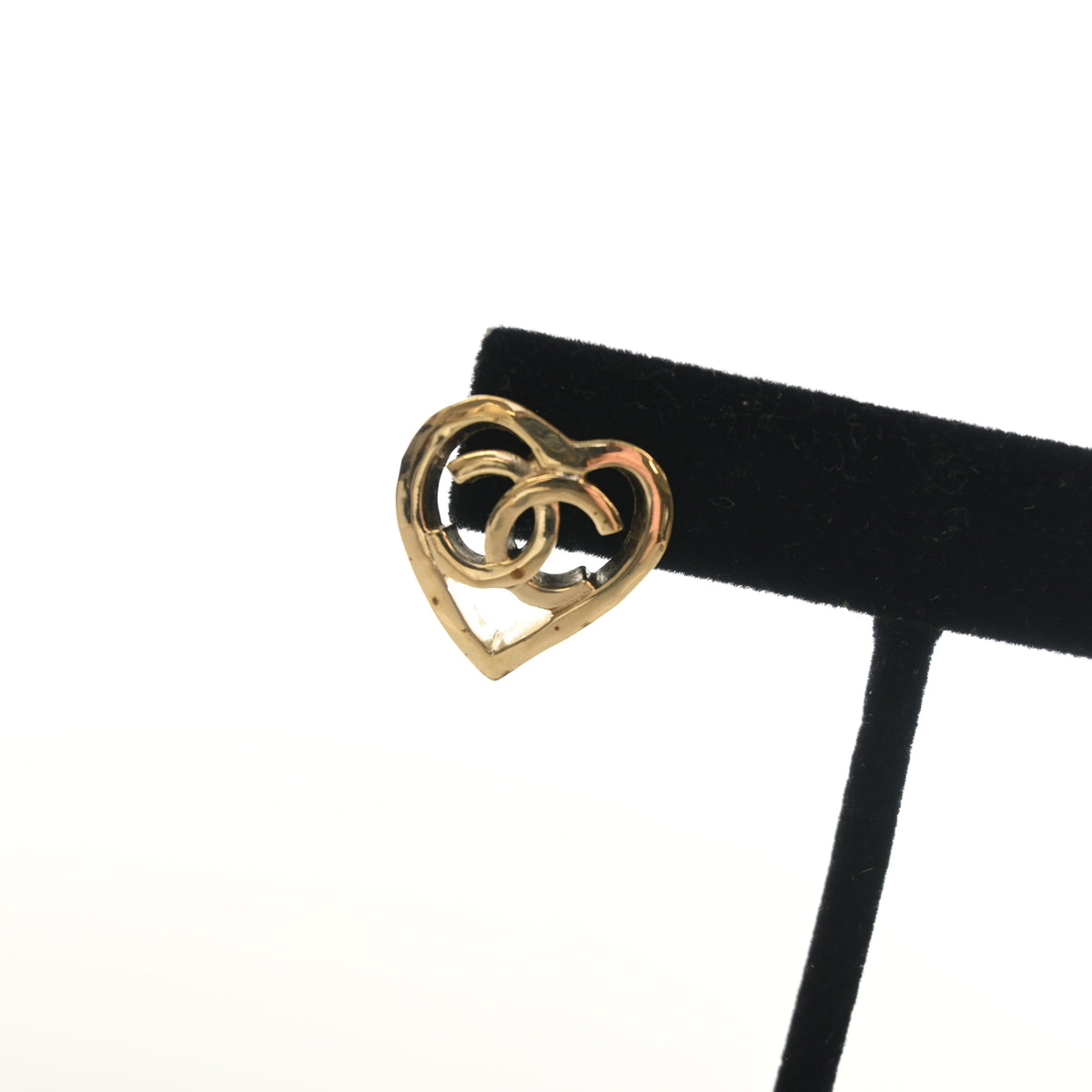 Pre-Owned Chanel Heart CC Stud Earrings, gold hardware close-up
