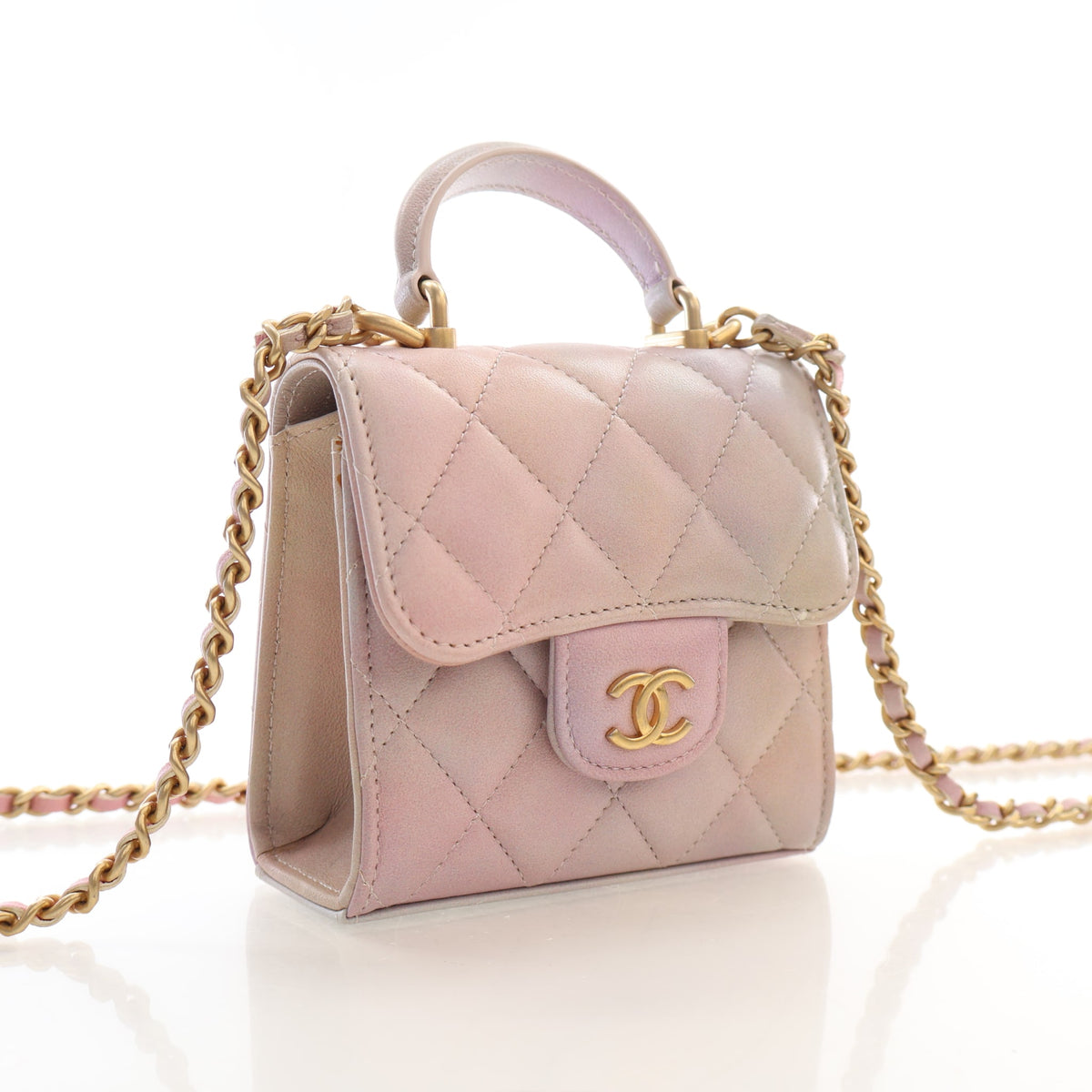 Pre-Owned Chanel Top Handle Mini Lambskin Flap Bag, three-quarter view