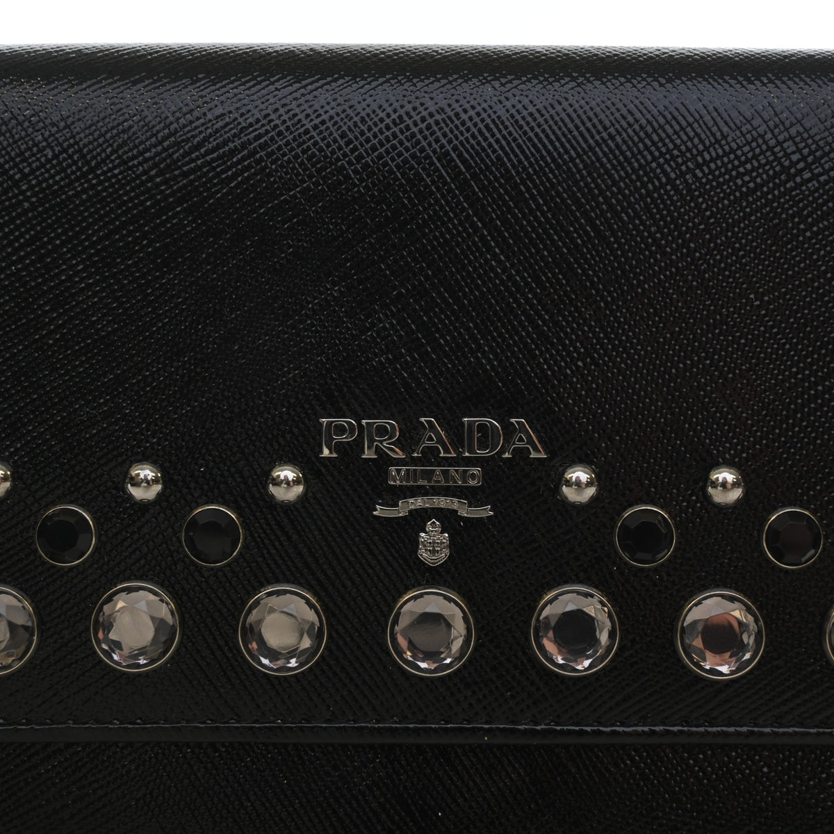 Pre-Owned Prada Wallet Saffiano Patent Leather Jewel Stud, silver embossed logo detail