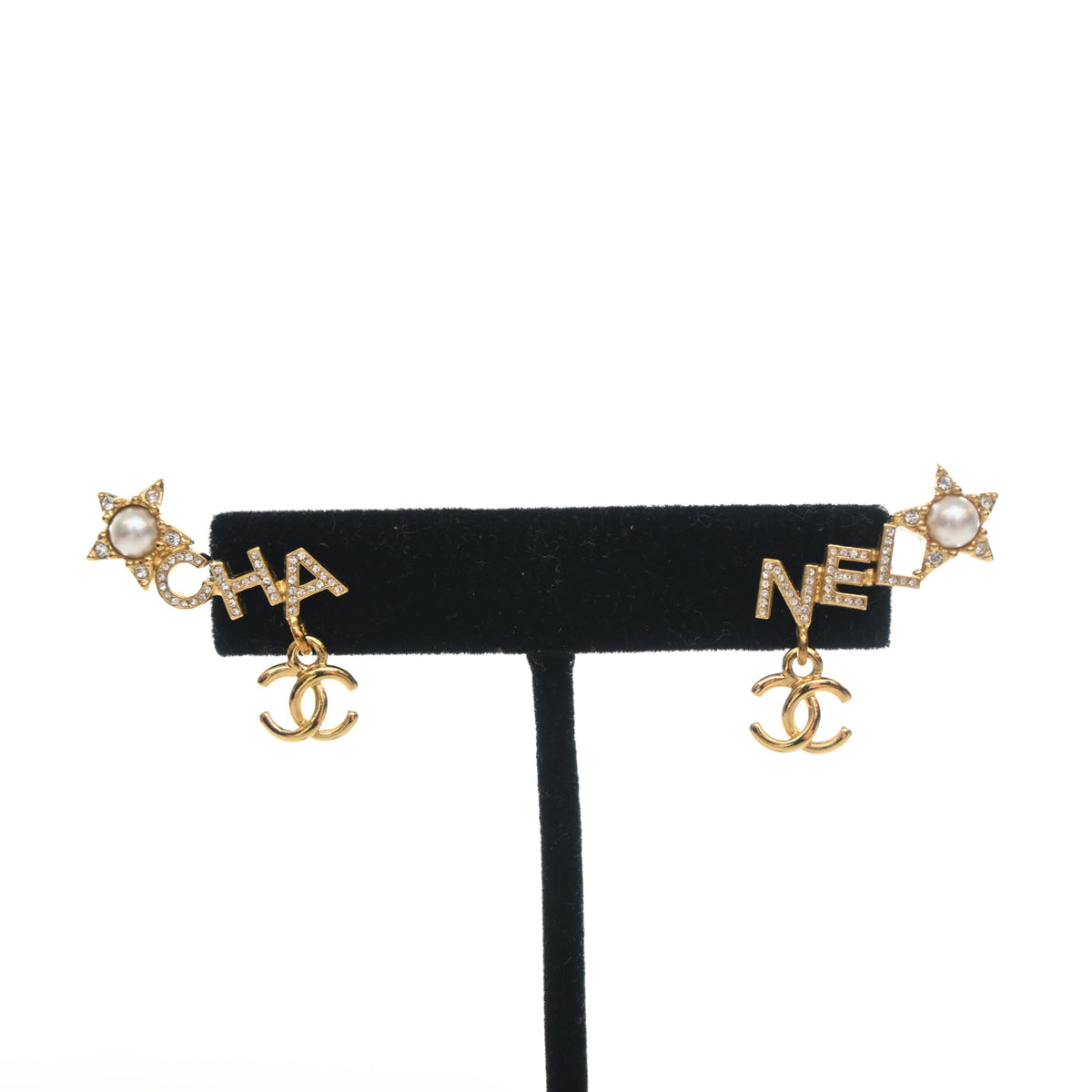 Pre-Owned Chanel Crystal CC Star Earrings, front view, authenticated at Luxe Du Jour