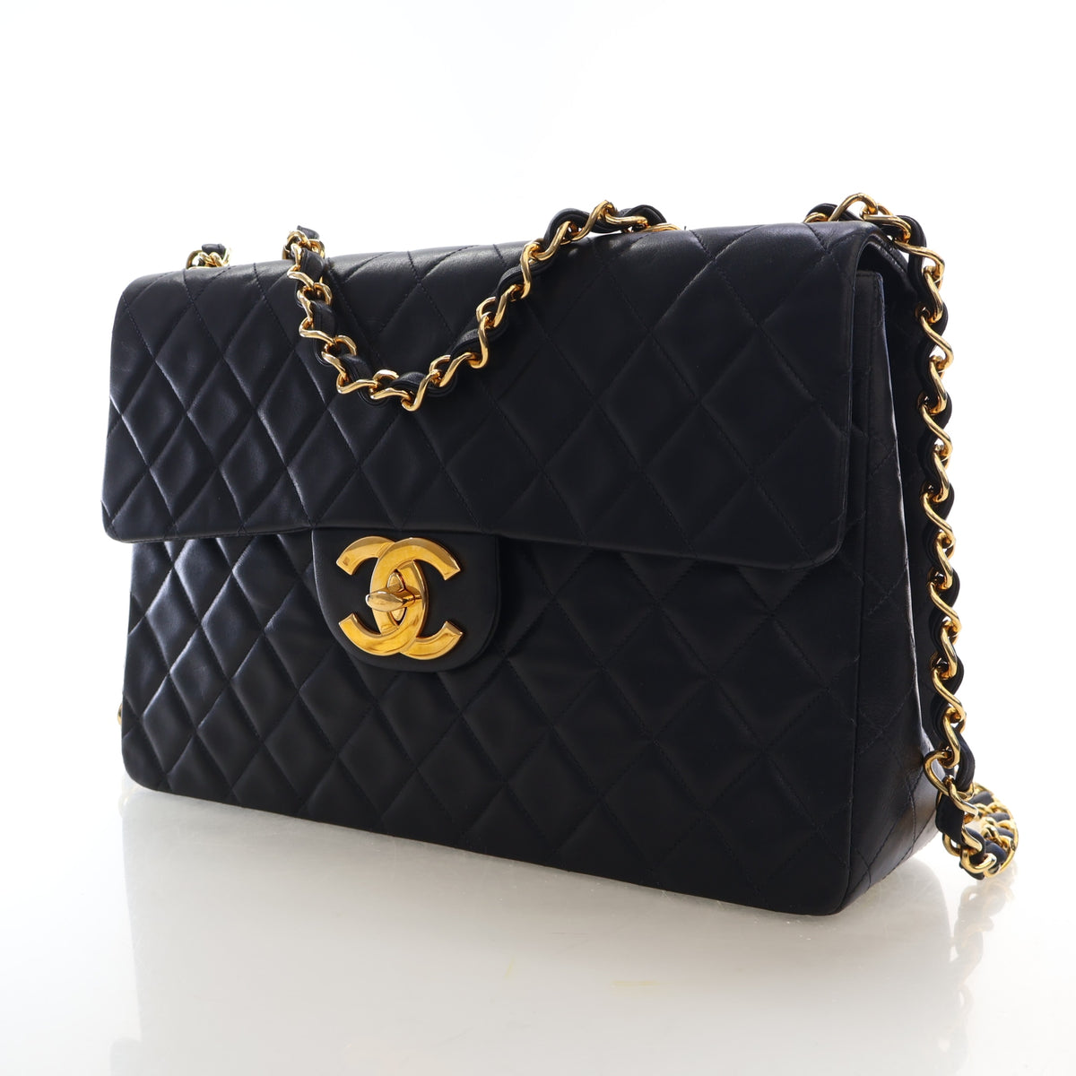 Vintage Chanel Flap Bag Maxi Lambskin Classic Single, three-quarter view