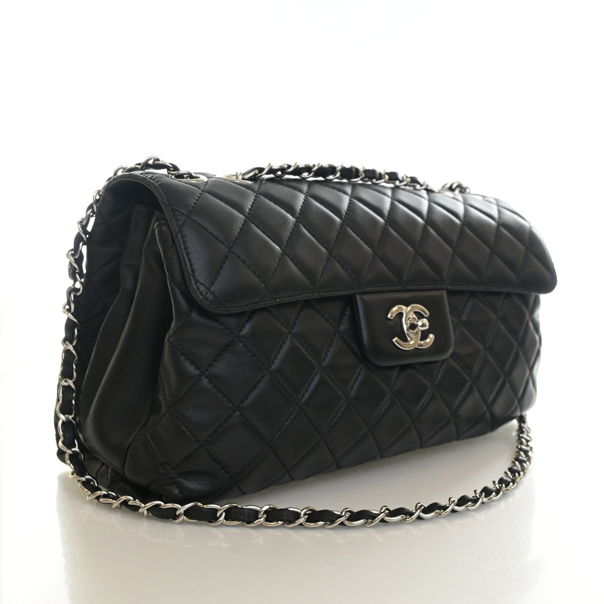 Pre-Owned Chanel Flap Bag Medium Lambskin Accordion Single, three-quarter view, authenticated at Luxe Du Jour
