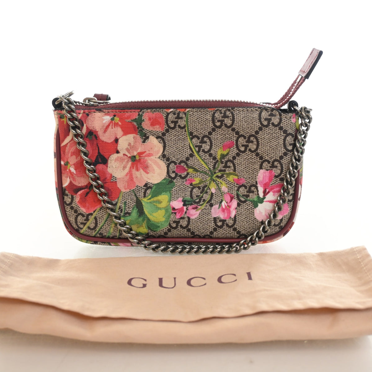 Pre-Owned Gucci Pochette Mini GG Blooms Chain, shown with dust bag and packaging