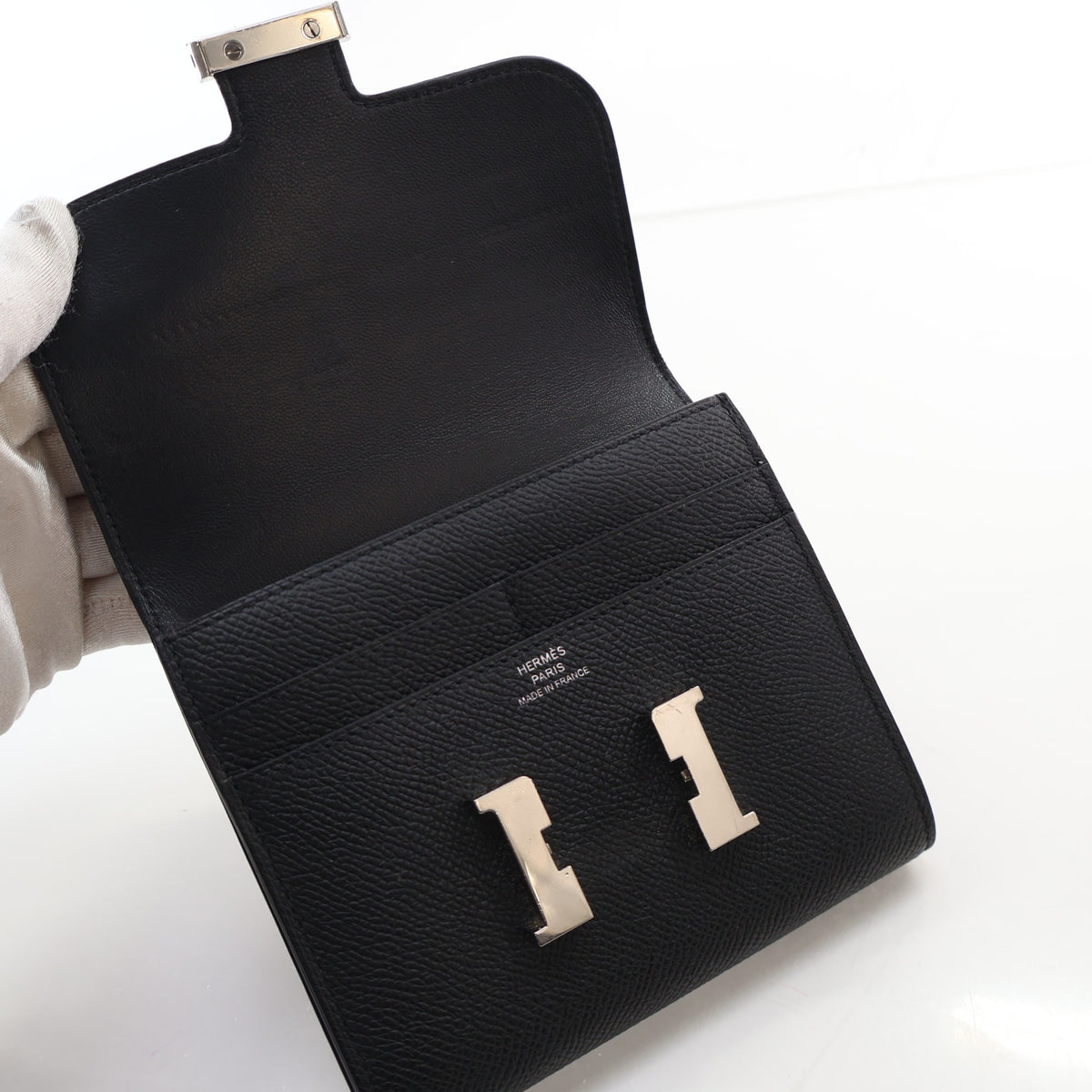 Pre-Owned Hermès Constance Noir Epsom Leather Slim Wallet, open interior with lining