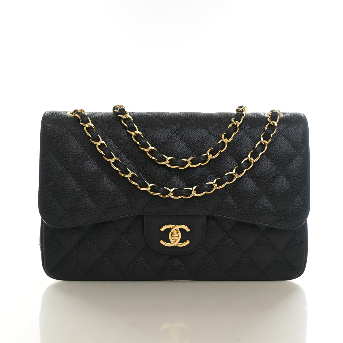 Pre-Owned Chanel Classic Double Flap Jumbo Caviar Leather Bag, front view, photo 1 of 14