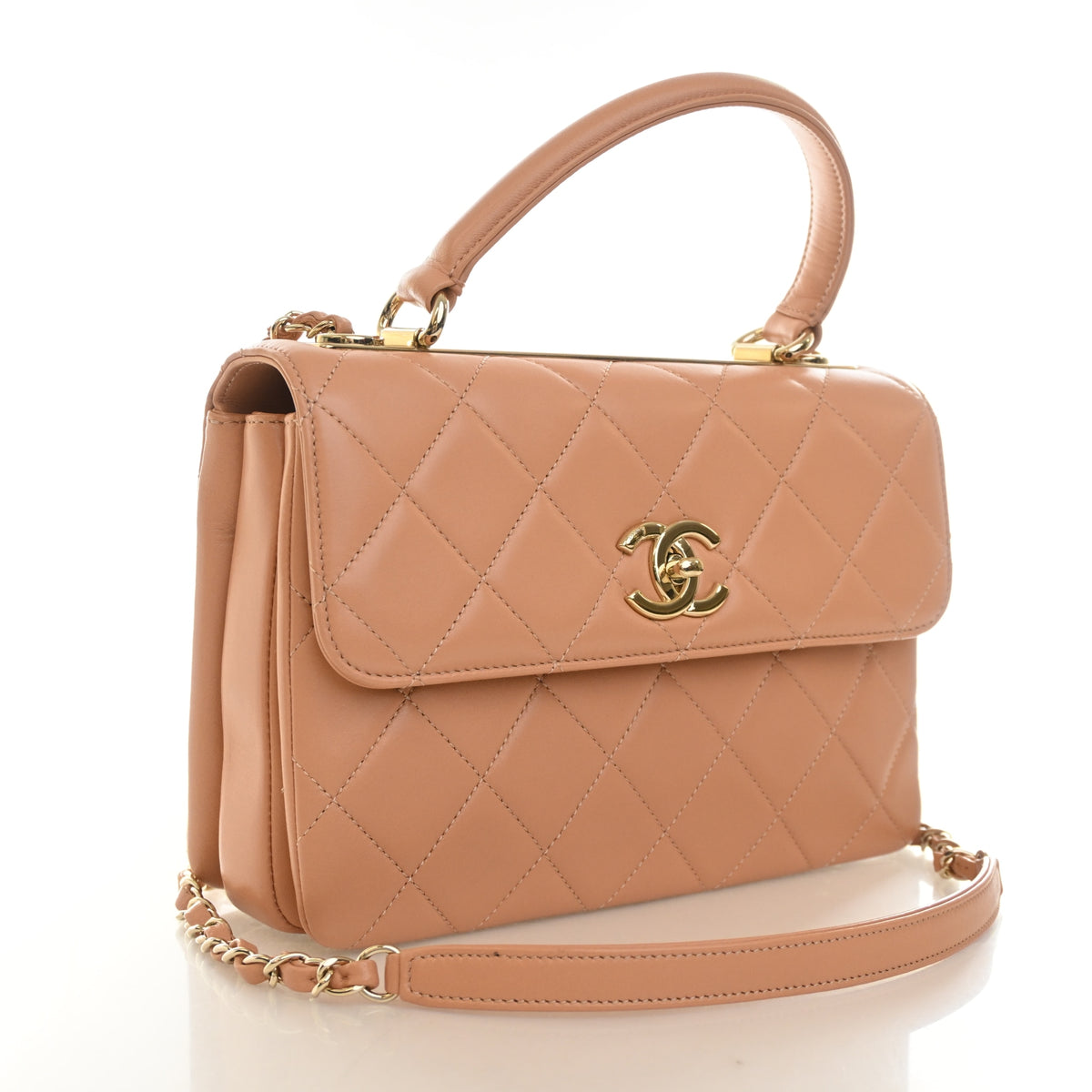 Pre-Owned Chanel Top Handle Small Lambskin Trendy CC Bag, three-quarter view, authenticated at Luxe Du Jour