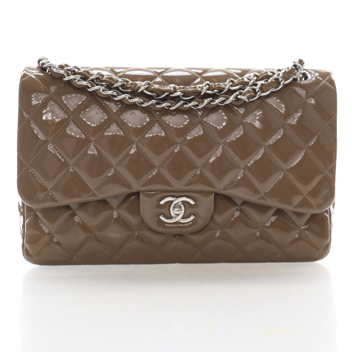 Pre-Owned Chanel Classic Double Flap Jumbo Patent Leather Bag, front view, photo 1 of 16