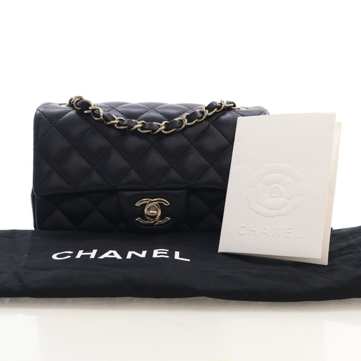Pre-Owned Chanel Flap Bag Small Lambskin Classic Single, shown with dust bag and packaging