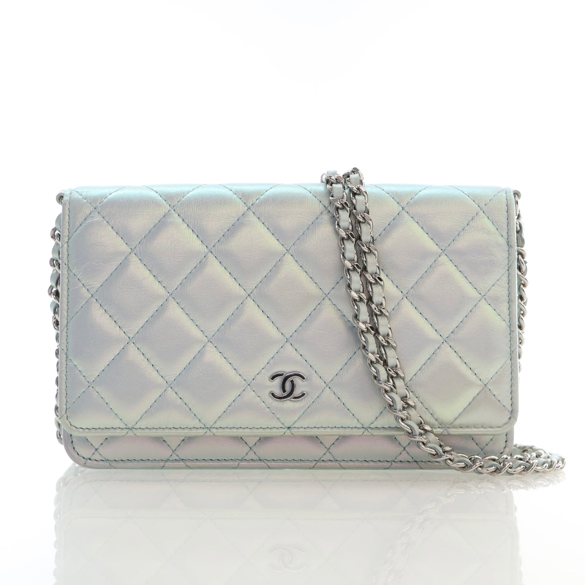 Pre-Owned Chanel Wallet On Chain Iridescent Calfskin WOC, front view, authenticated at Luxe Du Jour