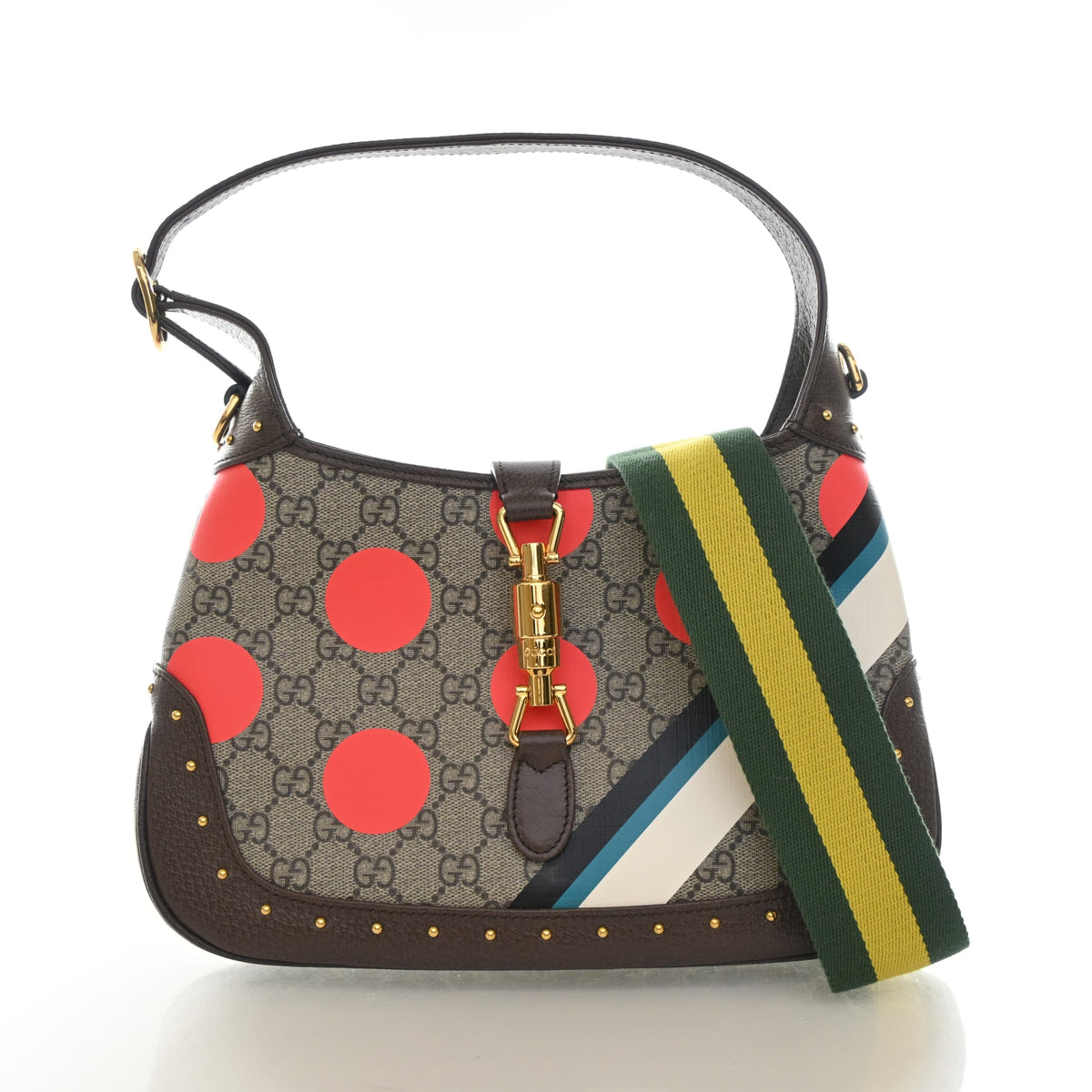 Pre-Owned Gucci Small GG Supreme Studded Jackie 1961, front view, authenticated at Luxe Du Jour