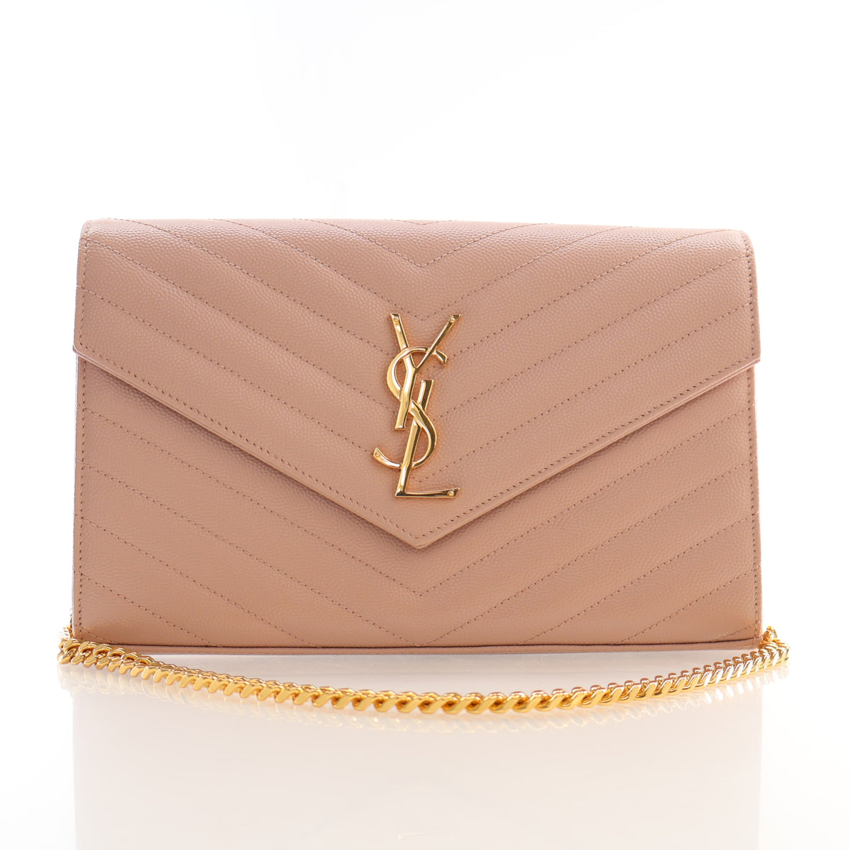 Pre-Owned Saint Laurent Chain Wallet Calfskin Cassandre Envelope, front view, authenticated at Luxe Du Jour