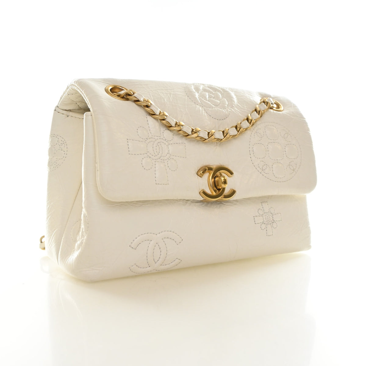 Pre-Owned Chanel Flap Bag Crumpled Calfskin Embossed, three-quarter view, authenticated at Luxe Du Jour