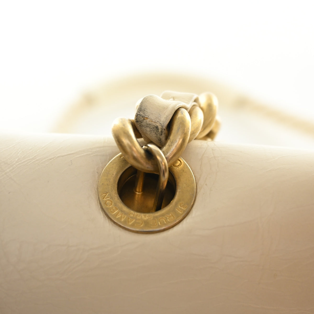 Pre-Owned Chanel Flap Bag Calfskin En Voyage Rope, gold hardware close-up