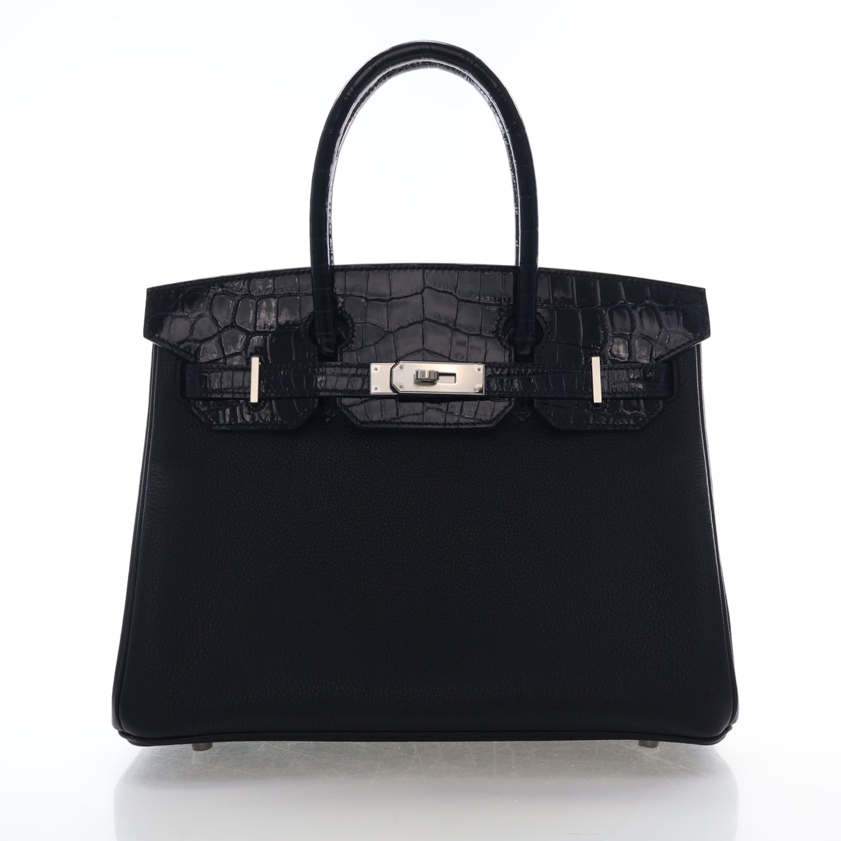 Pre-Owned Hermès Birkin 30 Noir Togo Niloticus Crocodile Leather Touch, front view, authenticated at Luxe Du Jour